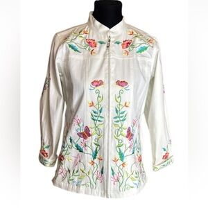 Quacker Factor white jean jacket with floral embroidery Size XS